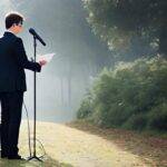 Мужчина выступает с микрофоном на лужайке