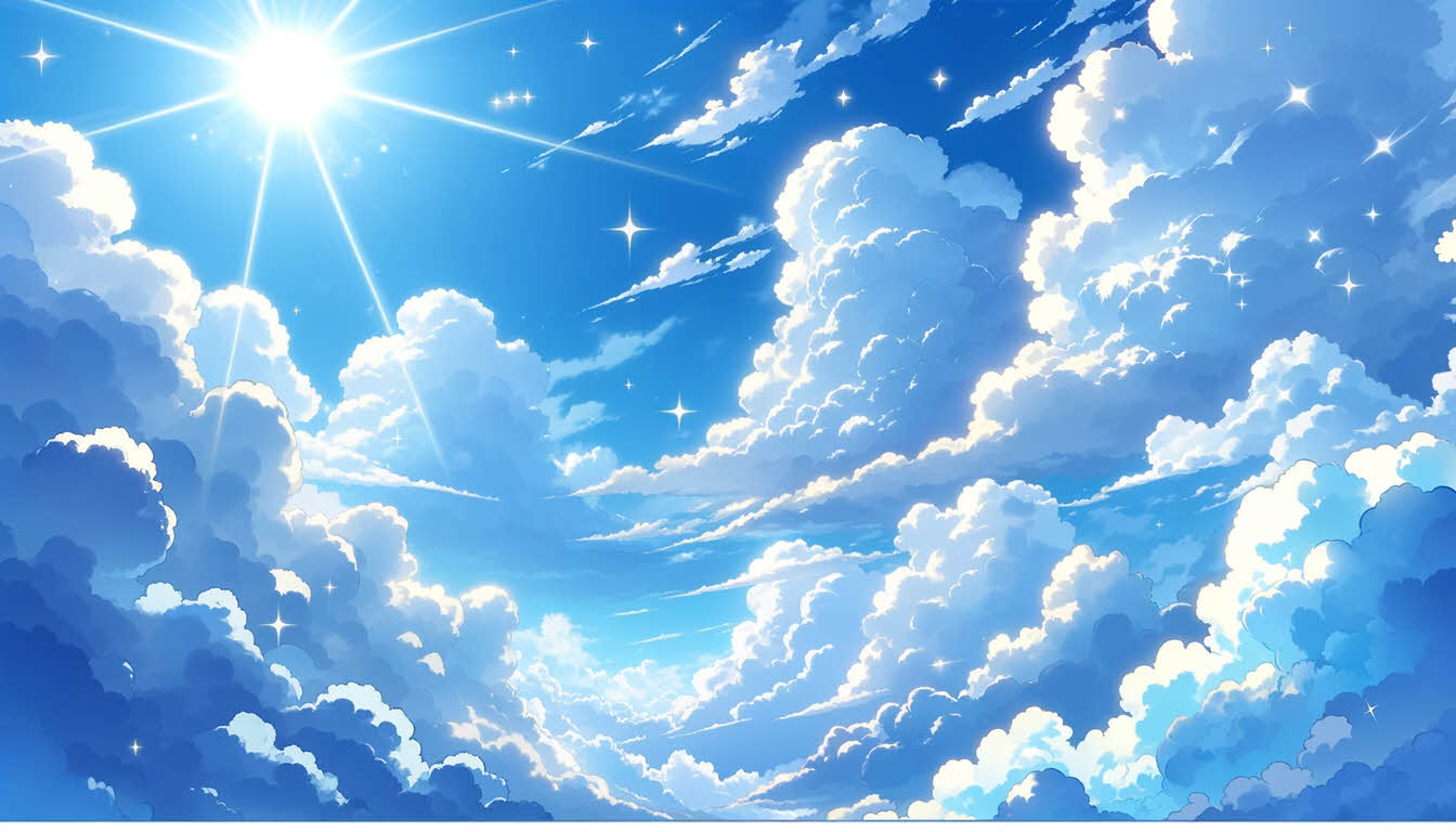 изображение в стиле аниме с ярко-голубым небом и пушистыми белыми облаками.