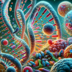 иллюстрация научной сцены с изображением нитей ДНК, хромосом, клеток