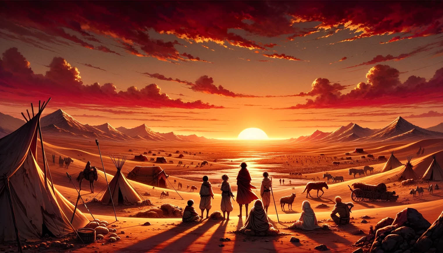 Иллюстрация в стиле аниме, изображающая распад империй кочевников. Изображение запечатлело драматическую сцену в пустынном ландшафте