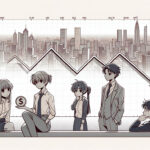 Иллюстрация в стиле аниме, изображающая различные концепции, связанные со стагфляцией, на фоне городского пейзажа