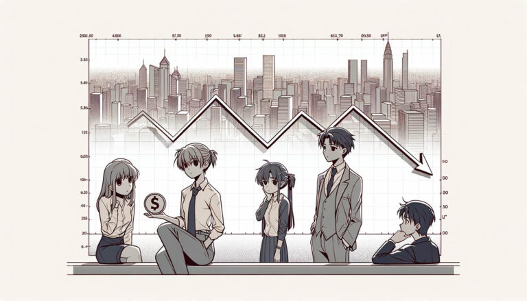 Иллюстрация в стиле аниме, изображающая различные концепции, связанные со стагфляцией, на фоне городского пейзажа