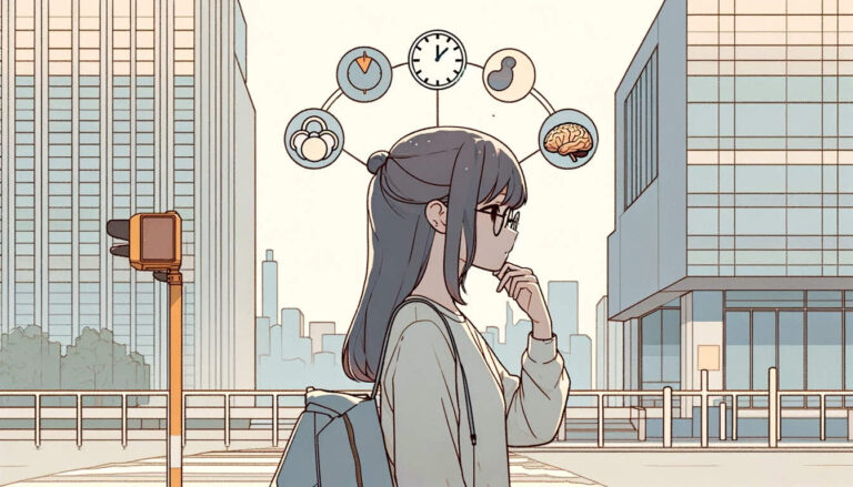 минималистичная иллюстрация в стиле аниме, посвященная теме привычек в простой городской обстановке.