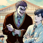 Иллюстрация в стиле аниме, изображающая сцену, где хулиган издевается над жертвой на школьном дворе