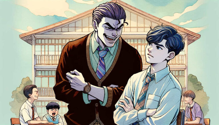 Иллюстрация в стиле аниме, изображающая сцену, где хулиган издевается над жертвой на школьном дворе