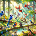 Картинка в стиле аниме, изображающая живописную сцену с разнообразными птицами, включая голубую сойку, кардинала и балтиморскую иволгу, в ярком лесном окружении.