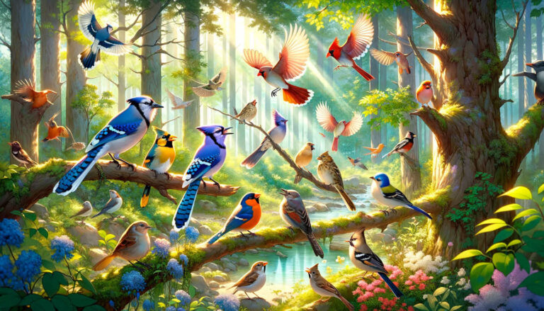 Картинка в стиле аниме, изображающая живописную сцену с разнообразными птицами, включая голубую сойку, кардинала и балтиморскую иволгу, в ярком лесном окружении.