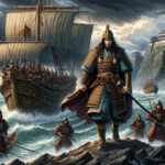 Иллюстрация, выполненная в аниме-стиле, изображающая историческую сцену монгольского вторжения в Японию.