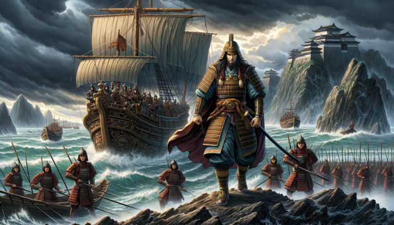 Иллюстрация, выполненная в аниме-стиле, изображающая историческую сцену монгольского вторжения в Японию.