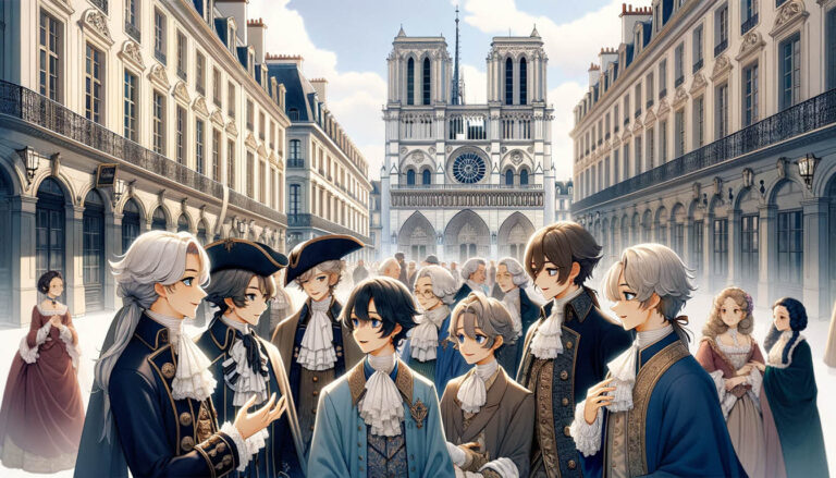 Иллюстрация в стиле аниме, изображающая сцену из Франции XVII века