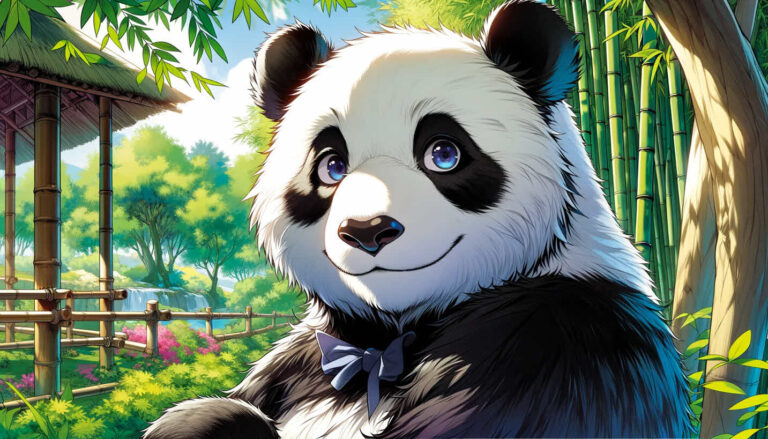 Иллюстрация панды в стиле аниме в ее естественной среде обитания.