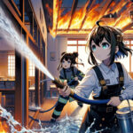 Иллюстрации в стиле аниме, на которых изображены две девочки, пытающиеся потушить пожар в доме.