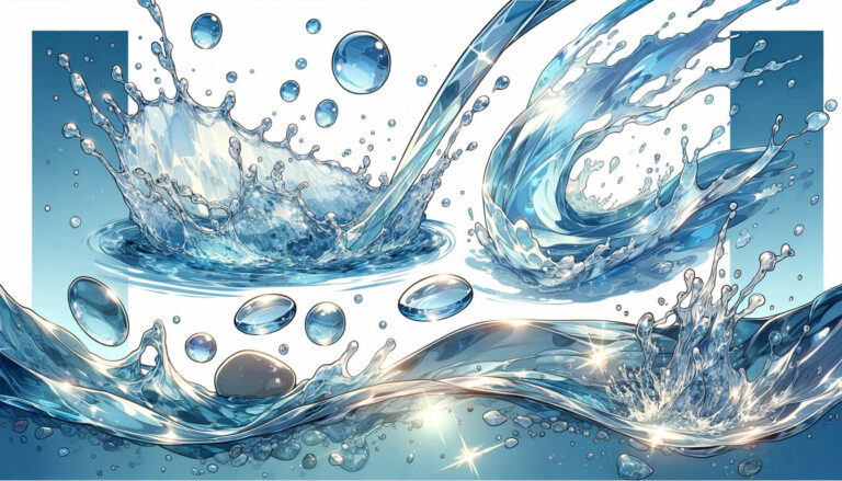 иллюстрация воды в стиле аниме, демонстрирующая ее различные формы и динамическую сущность ее движения и прозрачности.