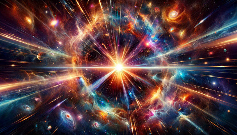 Перед вами изображение, изображающее Большой взрыв и начало Вселенной, созданное в ярком и динамичном стиле.