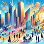 изображение динамичной и красочной сцены, представляющей различные аспекты иностранных инвестиций и их влияние на экономический рост.