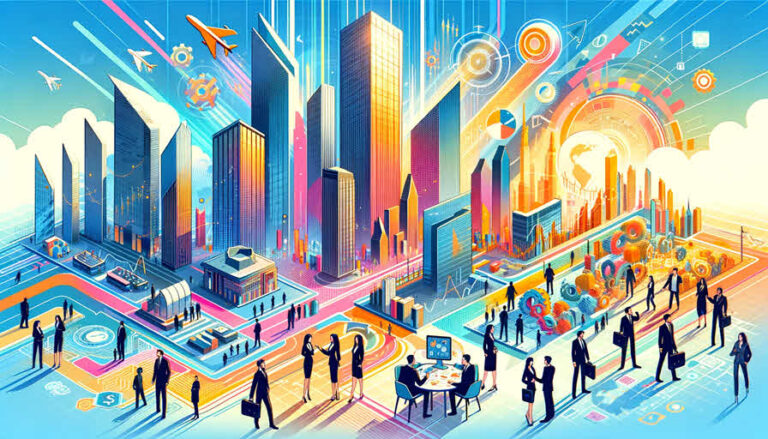 изображение динамичной и красочной сцены, представляющей различные аспекты иностранных инвестиций и их влияние на экономический рост.